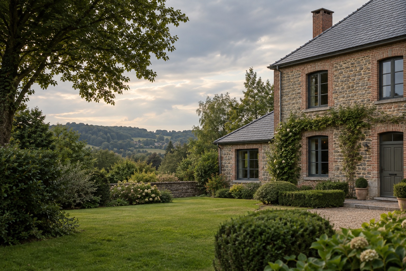 Maison en pierre et en brique dans un paysage verdoyant de Wallonie